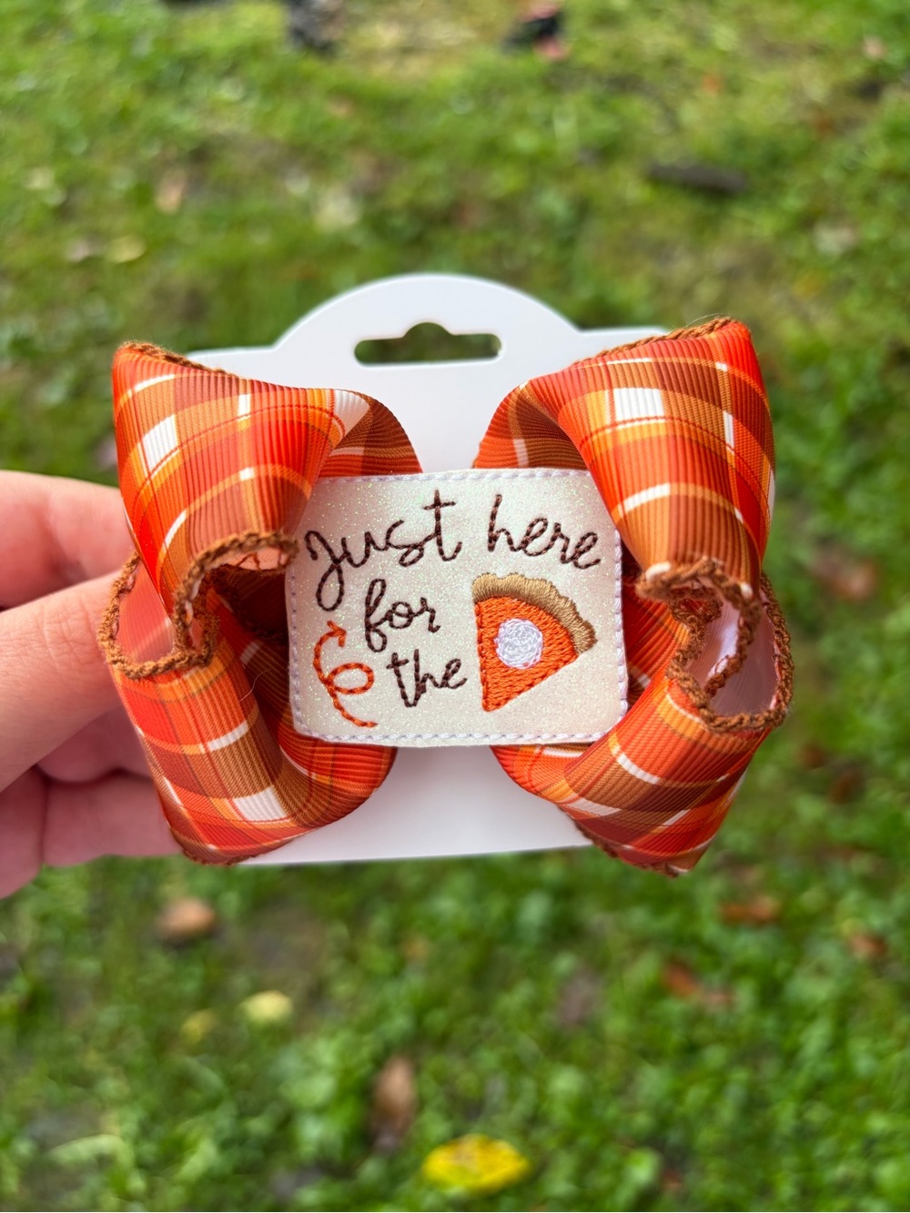 Just Here for the Pie OrangePlaid Fall Thanksgiving Girls Boutique Hair Bow 3.5”